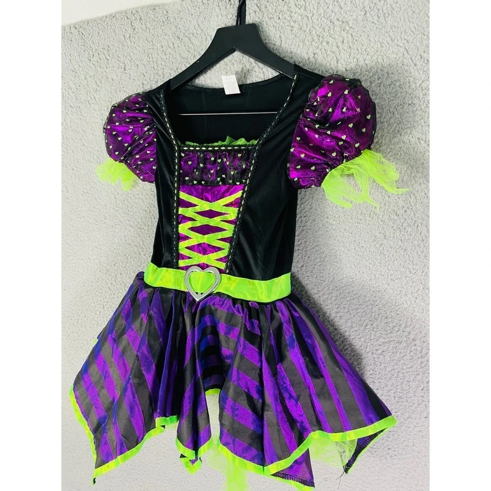 Witch Costume Halloween‎ Dress Girls Size S (6/6X) Purple Black Green Heart Belt